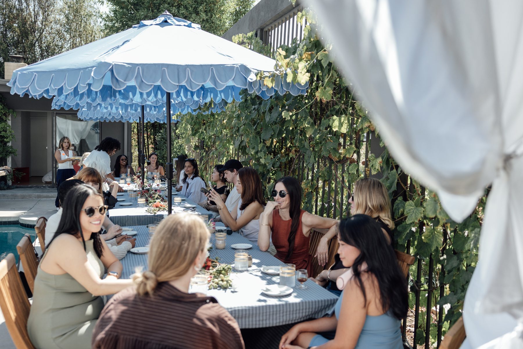 Guests at a sunlit poolside lunch